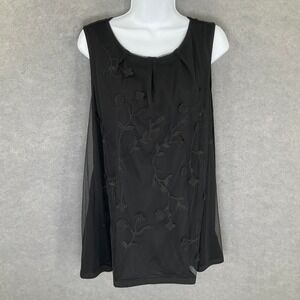 Elle Black Sleeveless Tunic Top XL Floral Applique Mesh Overlay Elegant Party‎